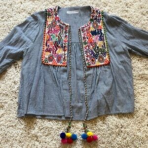 Goodnight Macaroon Blue/Grey Striped Top with Embroidery